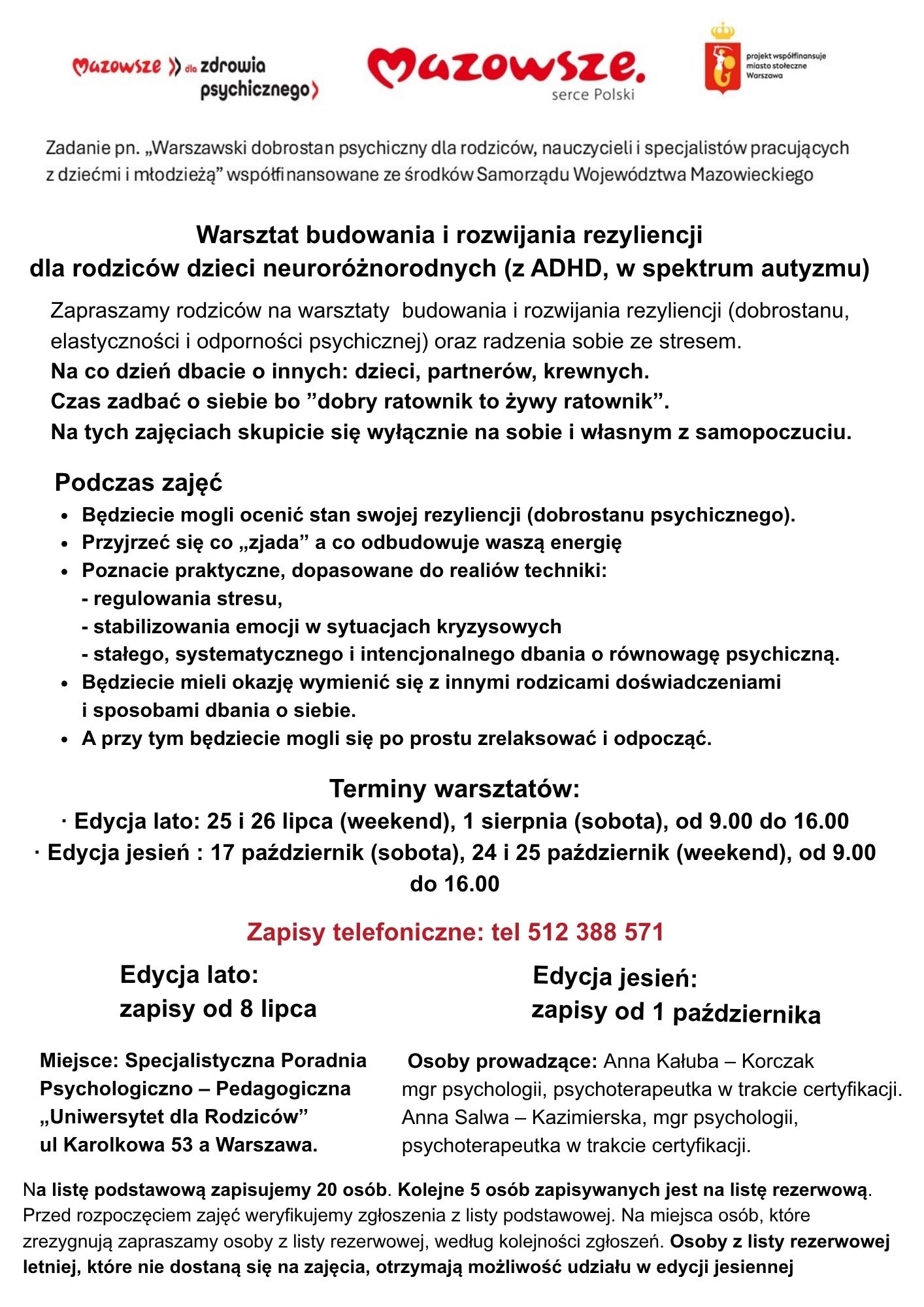 plakat warsztaty rezyliencja dla rodziców dzieci neuroróżnorodnych-więcej informacji