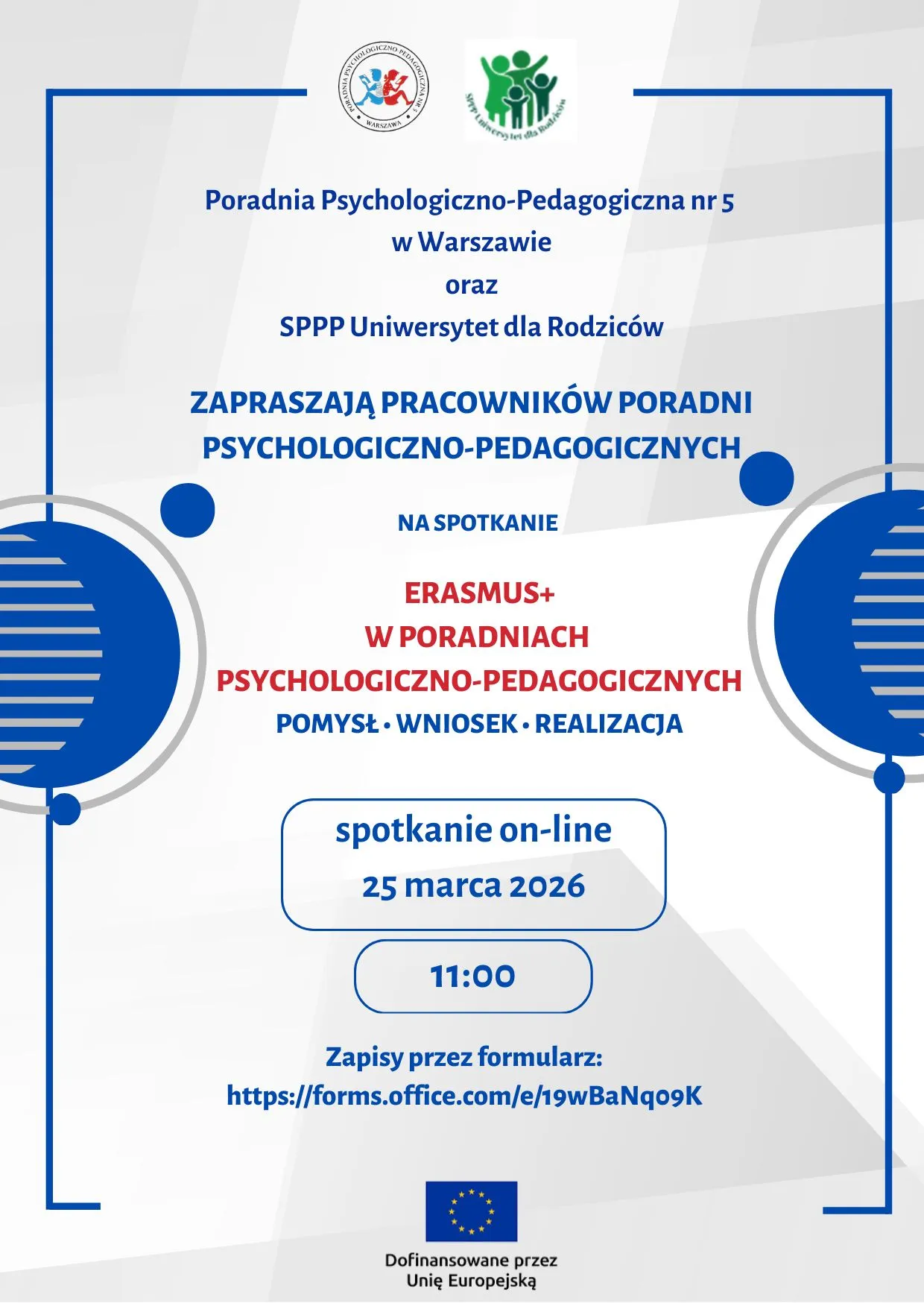 informacja o spotkaniu dla pracowników poradni na temat przygotowania projektu w ramach Erasmus +